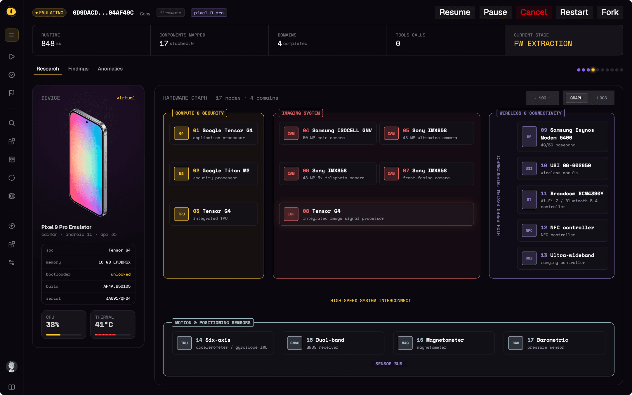 Screenshot of the Scalable Cyber emulator dashboard showing a Pixel 9 Pro digital twin and its hardware graph